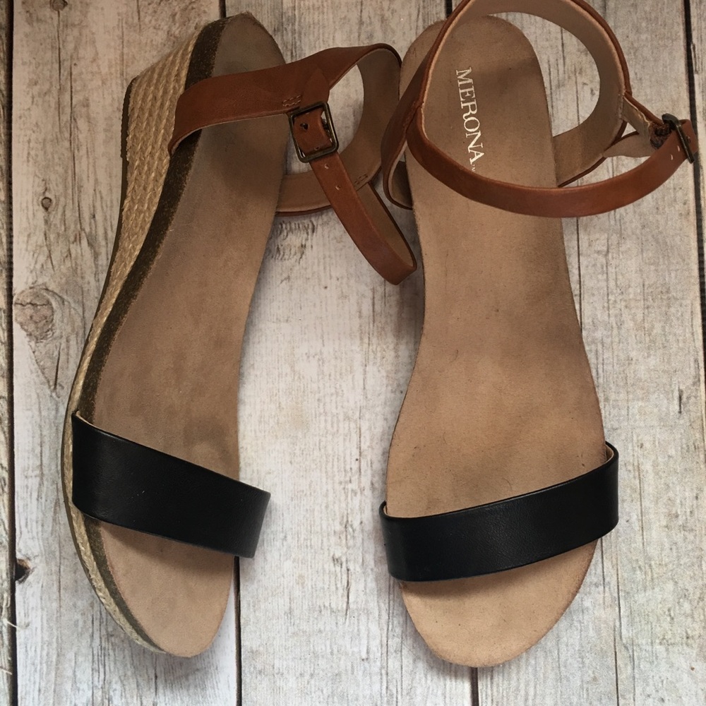 Black and Tan Wedge Sandals